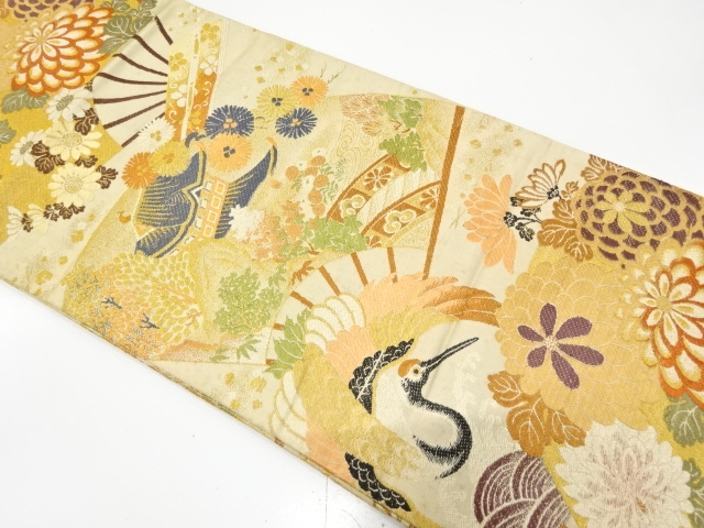 アンティーク　扇に鶴・菊・屋敷風景模様織り出し丸帯（材料）